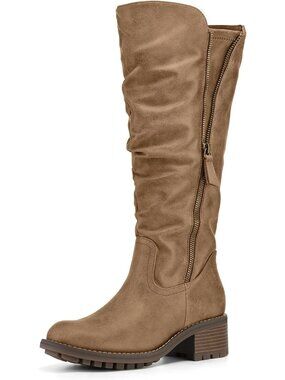 ⚡Women's Tan Knee High Boots Side Zipper Lug Sole 2 Inch Stacked Chunky Heel